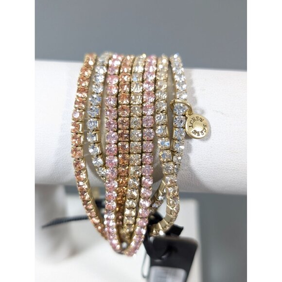 J.Crew Set of 8 Rhinestone Bracelets Tennis Gold Tone Pink Stretch - Picture 1 of 8